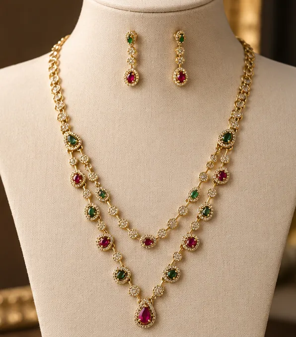 Esha Double-Layer Ruby & Emerald Navratna-Style Necklace Set